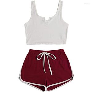 Women's Tracksuits 2022 Fashion Trend Women 2PCS Nightwear Set White U-shaped Collar Sleeveless Tops Wine Red Shorts Sportswear Summer