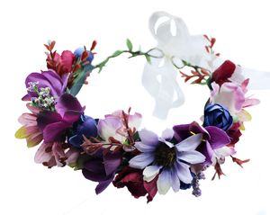 Hoofdbanden Floral Halo Boho Flower Headband Crown Headpiece Haar krans met lint Wedding Party Prom Pos Festival Purple Amajewelry Amykw