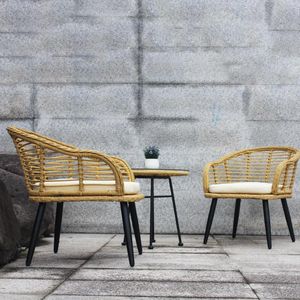 Camp Furniture 3 Pieces Outdoor Patio Balcony Natural Yellow Wicker Chair Table Set With Beige Cushion And Tempered Glass Top