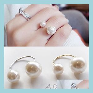 With Side Stones European And American Luxury Adjustable Pearl Ring With Side Stones 925 Sier Elegant Double For Women Gir Bdejewelry Dhsci