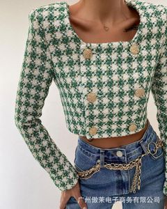 Women's Jackets Women's 2022 Autumn Long Sleeve Green Checkered Short Coat Top