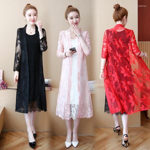 Blouses feminina Lace Cardigan Mulheres de verão Camisa longa da moda coreana Ladies preto branco rosa quimono