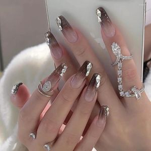 Falska naglar 24st Artifical With Lim Glitter Press On Stick Rhinestones Charms Acylic Nail Gradient Coffee