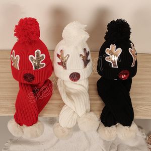 Noel Bebek Şapka Eşarp Seti 2pcs Pom Pom Kids Kış Şapkaları Kızlar Erkekler Kürk Top Kar Çocuklar Beanie Boyun Isı Hediye