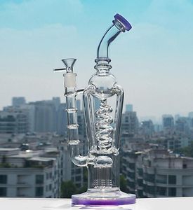 Bong in vetro verde Narghilè con pipa ad acqua a sei bracci percs all'interno di dab rig riciclatori swirly con giunto da 14 mm viola