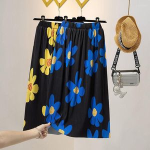 Skirts Design High Waist Split Skirt 2022 Summer Large Size Women's Clothing Fashion Casual Loose Printed Pleated Midi Saia H1512