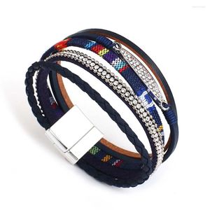 Charm Bracelets Amorcome Bohemian Ethnic Braided Leather Wrap Bracelet For Women Handmade Shiny Rhinestone Metal Magnetic Jewelry