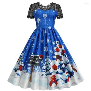 Party Dresses Lace Christmas Dress Women 2022 Kort ärmtryck Hög midja Elegant Vintage Winter Xmas Sundress Plus Size 3XL Robe