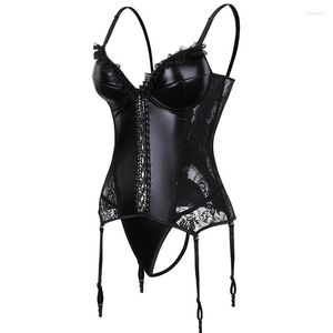 Bustiers Corsets Gothic Black Fauxe Leather Corset Top Cup Bra Bra Floral Lose Women Sexy Bustier Plus Size Overbust Steampunk Corselet