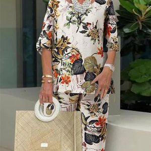 Женские брюки с двумя частями Zanzea Vintage Women Matching Sets Summer Printed Balf -рукав Блузка длинные брюки.