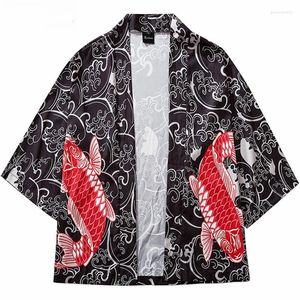 Kurtki męskie 2022 HARAJUKU KIMONO JAPOMSESE RED RED KOI RISH DRINT HIP HOP Men Płaszcz Streetwear Krótki jesienna cienka suknia Japonia styl