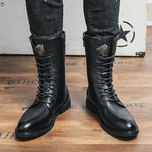 Сапоги PU High Top Men Solid Color Fashion Simple Trace-Up Decorative Комфортная все матч повседневная кожаная обувь AD158 839D