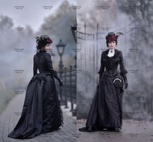 Victorian Steampunk Gothic Bustle Prom Dress with Train långärmad svart spets vintage dräkt vampyr bollklänning aftonklänning
