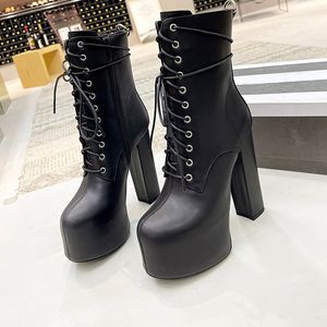 Boots Fashion Boots Designer 100 ٪ Cowskin Cashmere Classic Buckle Womens Shoes Super High Heel Oneel Bootie Lace Up Platform Heel Martin Boot