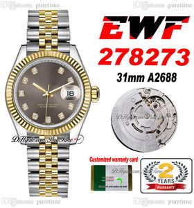 EWF 31mm 278273 ETA A2688 Ladies automáticas assistem dois tons de diamante de diamante cinza amarelo de ouro