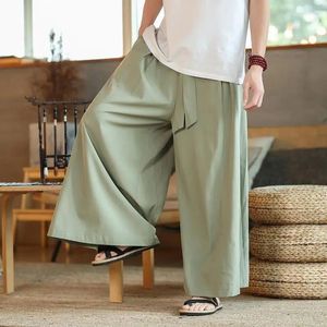 Męskie spodnie Summer proste mężczyźni chiński styl tang garnitur swobodny spodni vintage solidny kolor luźne pantalon homme hanfu culottes