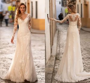 Storlek sjöjungfru plus bröllopsklänningar Deep V Neck Lace Applique Long Illusion Hyls Golvlängd Backless Brudklänningar Vestidos de Novia Robes Estidos