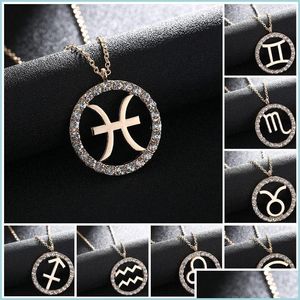 Pendant Necklaces 18K Gold Zodiac Sign Round Pendant Necklace Aries Gemini Libra 12 Constellation Classic Diamond Jewelry D Mjfashion Dhjbo