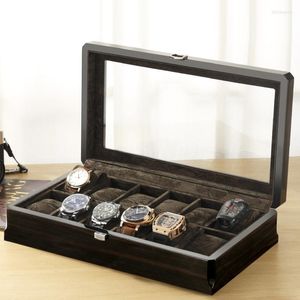 Titta på lådor Luxury trälåda Pure Wood Casket Display Watches Organizer Square Glass Cabulet Packing 12 Seals Storage Man
