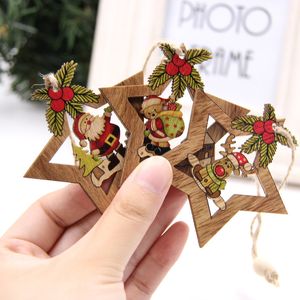 Julekorationer 3st 4st Star Printed Wood Pendant Ornament Xmas Tree Ornament Diy Wood Crafts Kids Gift till Home Party Decoration 220912