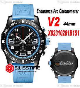 Endurance Pro 44 Miyota Quartz Chronograph Mens Watch V2 X82310281B1S1 PVD Steel All Black Big Number Markers Небесно-голубой каучуковый ремешок Часы Секундомер Swisstime F6