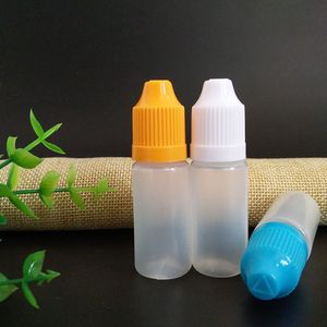 PE -plastdroppsflaskor 10 ml med barnsäker lock Långt tunt spets för E flytande juice olja 10 ml