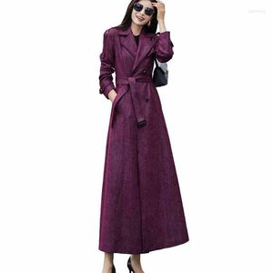 Women's Trench Coats Women's Fashion X-Long Coat Women Spring Autumn Chamois Suede Windbreaker Purple Double Breasted Belt Slim Casual