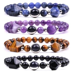 Pyramid Faceted Stone Strand Bracelet Semi-precious Stone Amethyst Rose Quartz Tiger Eye Beaded Yoga Obsidian Sodalite Beaded Bracelets Fashion Jewelry