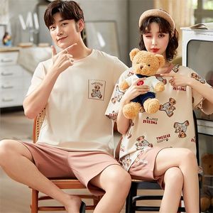 Kadınlar Placowear Çift Nightwear Koreli Sevimli Küçük Ayılar Karikatür Kadın Pijama Set Yaz Kısa Kollu Pamuk Artı Beden Erkekler ve Kadınlar Sleewpear 220913