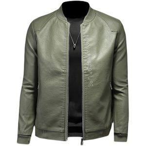 Men's Leather Faux Autumn and winter men's baseball collar slim short handsome motorcycle leather jacket / boutique green PU coat 220913