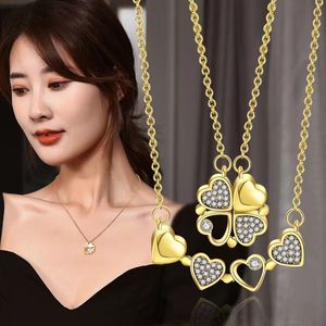 Folding Heart Pendant Necklaces Fashion Magnetic Four Leaf Clover Women Love Clavicle Link Chain Rose Gold Silver Luxury Cubic Zirconia Openable Choker Jewelry