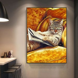 Canvas pintando abstrato animal gato leia jornal pôsteres e impressões modernos de arte de parede para decoração de parede de sala de estar cuadros sem moldura