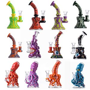 Unika bägare Bongs Halloween stil berusande glas Bong bläckfisk vattenpipor Glow In The Dark Vattenpipor Raka rör Oljebad riggar med 14 mm fogskål