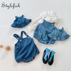 Rompers Autumn Baby Boy and Girls Denim Suspender Romper Sun Hat