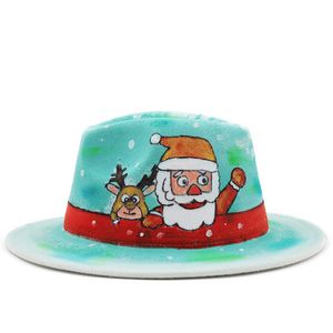 Novo padrão de natal pintado à mão Jazz Fedora Hats Homens homens largos British Party Feel Hat Hat Hat Western Cowboy Woolen Caps