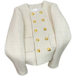 Jaqueta de tweed de manga longa com abotoamento duplo de cor lisa e decote em bico casaco curto SML