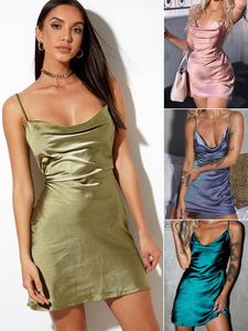 Casual Dresses Spaghetti Strap Ladies Satin Slip Bandage Mini French Dress White Green Pink Backless Robe Sexig Femme Elegant