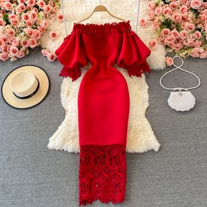 Vintage French waist closing Dress Red Hip Wrap Long skirt Lace stitching Straight neck Off the shoulder Lantern Sleeve Dress