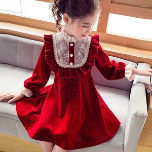 Girl Dresses Girls Red Velvet Dress Herfst Kinderen Koreaanse versie van Princess Lace Western Style