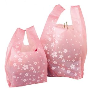 Present Wrap Pink Cherry Shoppingväska Vest Gifts Plastpåse med handtag för bärkakor omslag 100 st/parti 220913