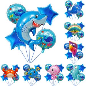 5pc Feliz Cumpleanos folie ballonger Spanish Grattis på födelsedagsfest ballong havsdjur tätar valhaj krabba skal 8 slags djur grupp för helhet