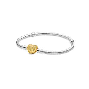 Yellow Gold Plated Love Heart Clasp Armband Women Wedding Jewelry With Original Box för Pandora 925 Sterling Silver Snake Chain Charms Armband Set