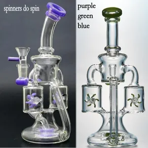 Pueple Glass Water Pipes Recycler Dab Rigs Gli spinner per narghilè fanno girare Con 14mm Bong in vetro per fumatori Doppio percolatore blu