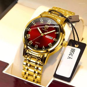 Zegarek qingxiya top złoty czerwony kwarc zegarek mężczyzn ze stali nierdzewnej świetliste wodoodporne zegarki tydzień kalendarz biznes