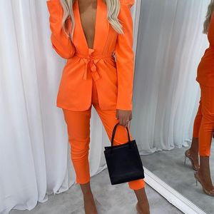 Zweiteilige Damenhose, Damen-Blazer mit offener Vorderseite, Oberteil, Hose, Herbst, 2-teilig, sexy Club-Outfits, solides Blazer-Hosen-Set mit Krawatte vorne, orangefarbener Hosenanzug, Streetwear 220913