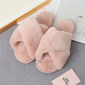 Slippers Design Women Winter House Furry Slippers Women Cross Fluffy Fur Home Slides Flat Indoor Floor Shoes Ladies Flip Flops 220913