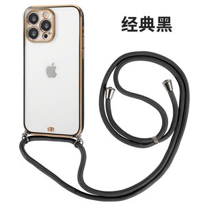 Crossbody Clear Electropated Golden Case för iPhone 14 13 12 11 Pro Max X XR XS Max Transparent Soft Back Plating Cover 70st