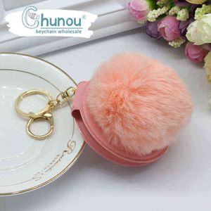 Keychains 25 Color Rex Rabbit Pompom Keychain Hair Ball Portable Make-Up Folding Double-Sided Mirror Key Chain Bag Pendant Cosmetic Mirror T220909