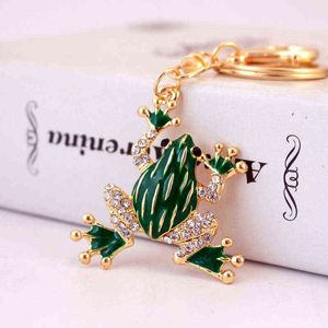 Anahtarlıklar yaratıcı sevimli karikatür anahtarlık yeşil elmas kristal kurbağa araba zincirleri kadın çanta aksesuarları metal kolye anahtar yüzüğü t220909