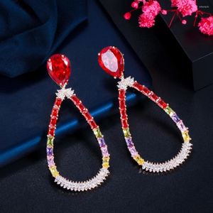 Dangle Earrings CWWZircons Druzy CZ Red Crystal Big Round Long Drop For Women Festive Pageant Wedding Party Jewelry Accesories CZ890